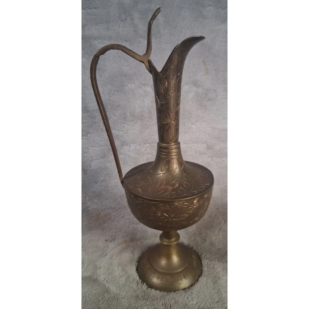 Vtg Etched Brass Pitcher Ewer Floral Hand Crafted India Aftaba Moorish Styl 9.5